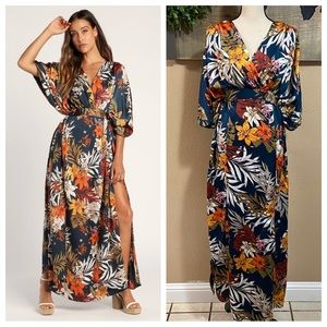 NWOT Lulus Take A Holiday Navy Blue Tropical Print Maxi Dress